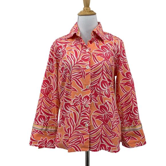 Izod Floral Golf Shirt Womens M Medium Button Up Long Sleeve Collar Stretch - Picture 1 of 9